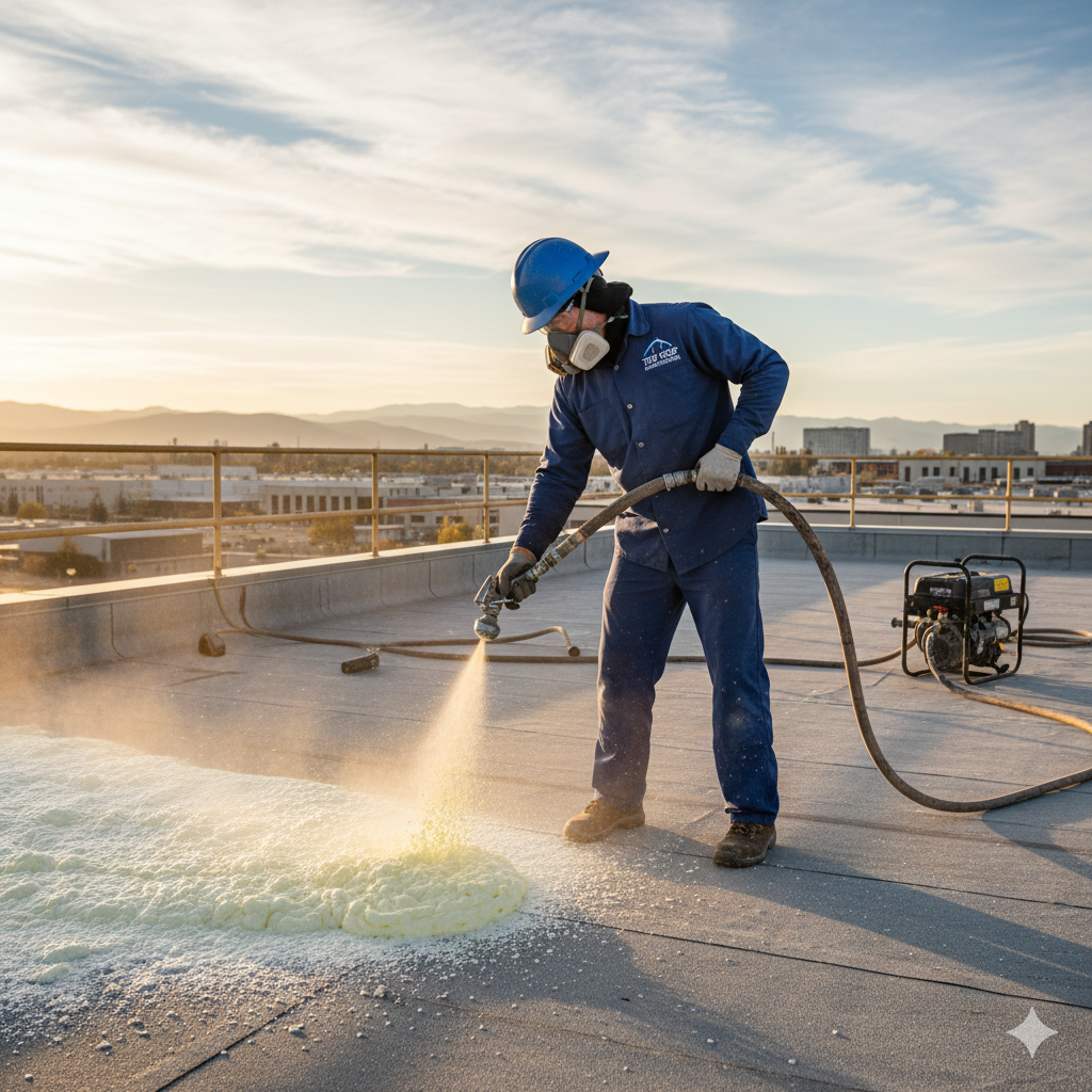 a photo of a roofer person who wears a blue uniform that does a Spray Foam Roofing 